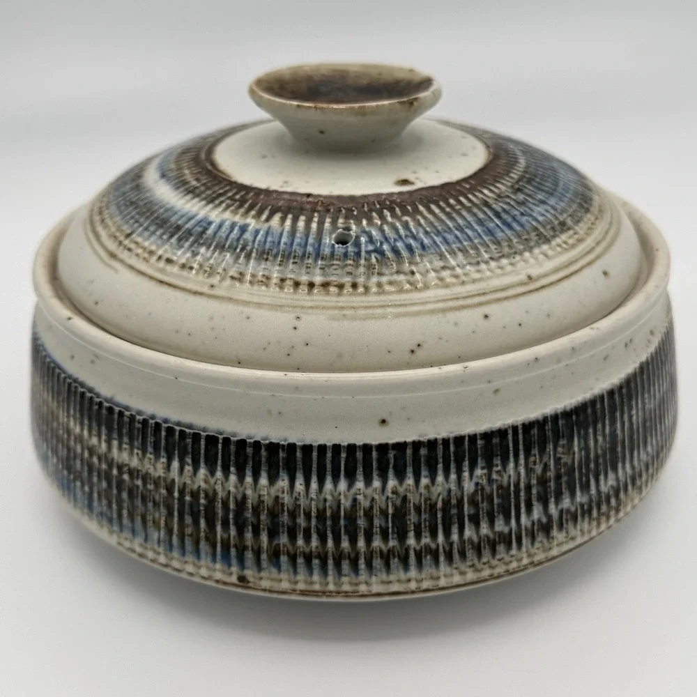 Vintage Japanese Stoneware Casserole Otagiri Style Blue Brown Ribbed Fork MCM